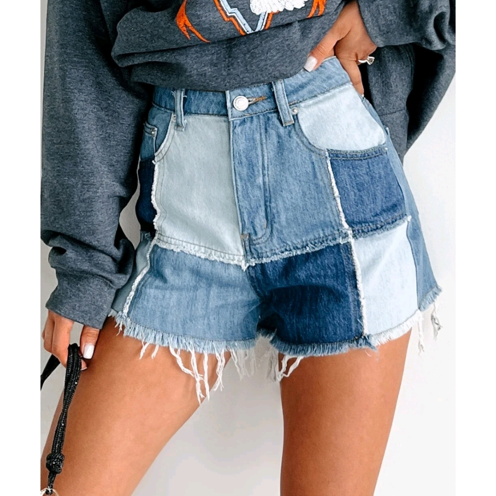 Patchwork High Waisted Denim Shorts